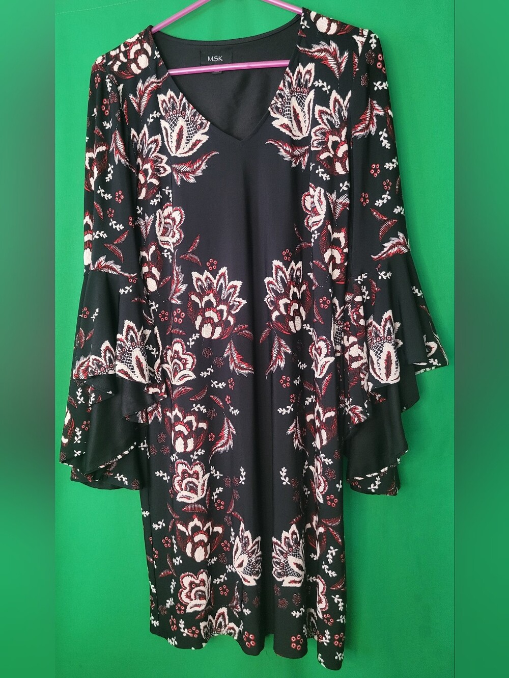 MSK Black Dress Floral Bell Sleeve Formal Flare Church Sz Small